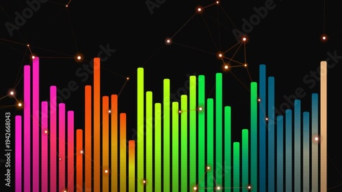 Colorful Audio Spectrum Analyzer Visualizer with Glowing Particles and Network Overlay
