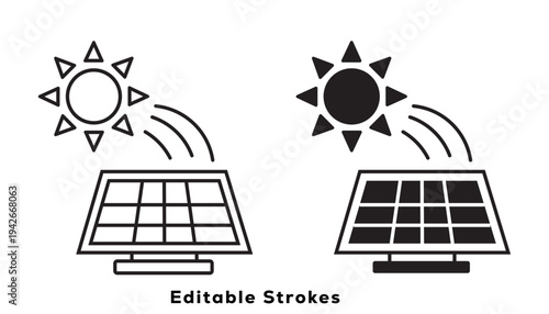 Solar Panels with Editable Strokes and Sun Symbols Illustration