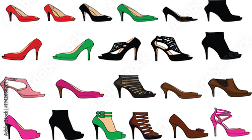 Elegant collection of twenty fashionable women’s high heel shoes in diverse colors, styles, and designs, perfect for fashion catalog, retail, and footwear illustration