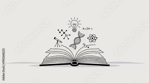 Open book with creative ideas and inventions emerging from the pages on a plain background