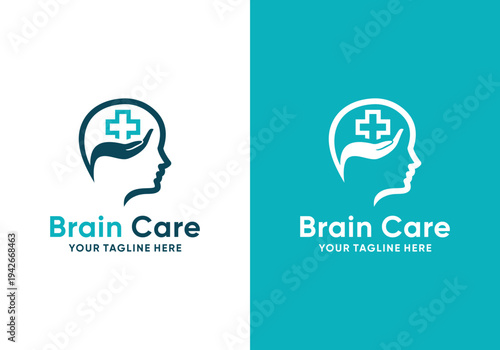 Brain health care vector logo design template with medical cross sign. brain care logo with combination of hand and brain in vector design concept
