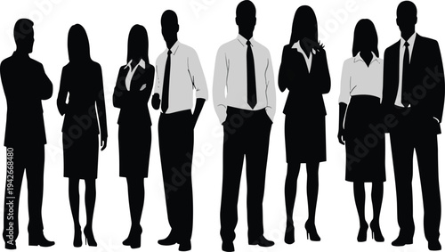 Silhouette illustration of eight business professionals in corporate attire, symbolizing teamwork, leadership, diversity, and workplace unity for modern design and creative concepts