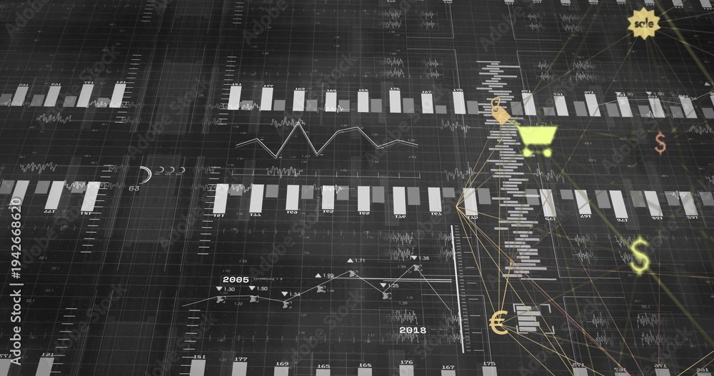 Fototapeta premium Displaying central data map on dark grid plane, showing bar charts, line graphs and yellow icons