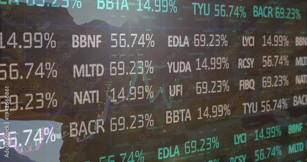 Fototapeta premium Showing dense stock symbols, percent on glass screen, with chart lines, candles, canyon reflection