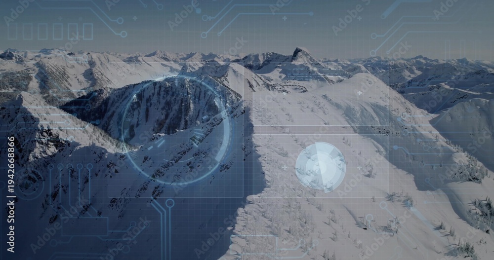 Fototapeta premium Drone surveying snow-covered ridge running right above alpine peaks at high altitude, HUD overlays