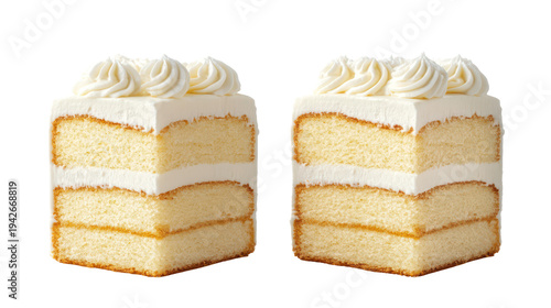 Two slices of white cake with frosting on transparent background
