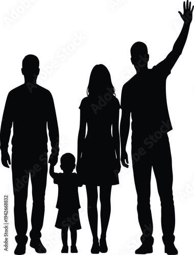 Silhouette illustration of four people including adults and child holding hands, symbolizing family unity, love, parenting, and community in modern design concepts
