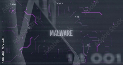 Displaying central MALWARE text dominating cyber graphic with violet circuit traces, hood motif
