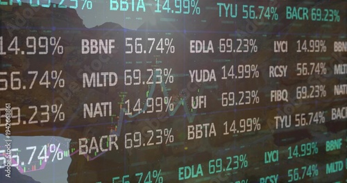 Showing dense stock symbols, percent on glass screen, with chart lines, candles, canyon reflection