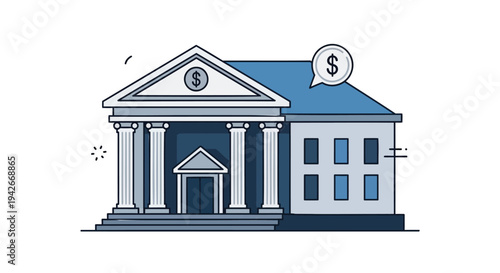 Vector illustration of a bank building with columns and dollar sign