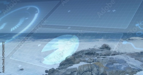 Displaying rocky shoreline with boulders and breaking waves along coastline, with HUD overlay