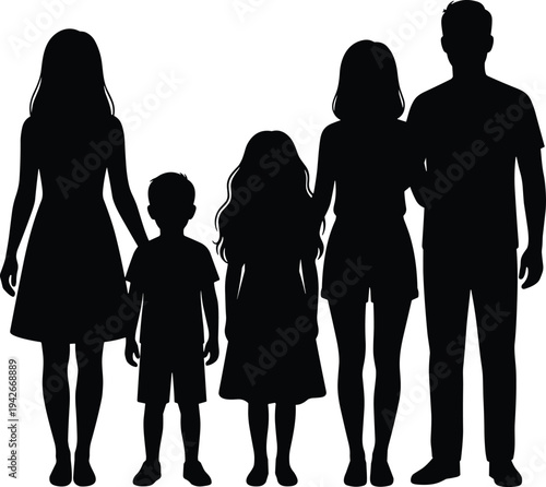 Silhouette illustration of five family members standing together holding hands, symbolizing unity, love, parenting, childhood, and togetherness in modern design concepts