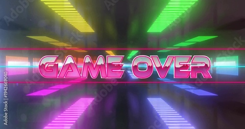Glowing neon GAME OVER sign dominating virtual corridor, mirroring magenta frames on glossy floor