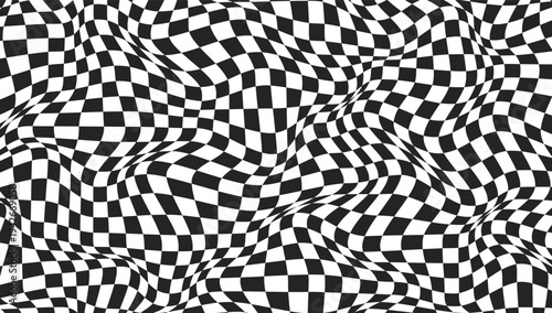 Black and white abstract checkered banner. Checkered background with distortion effect. Chessboard distorted surface pattern. Vector illustration.