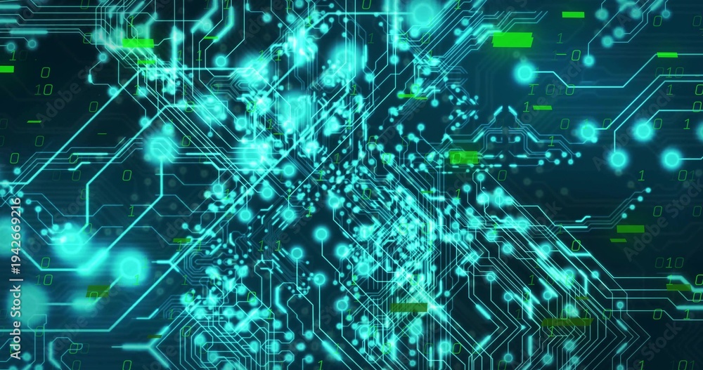 Fototapeta premium Showing central glowing cyan circuit network pulsing across dark gradient with nodes, flares binary
