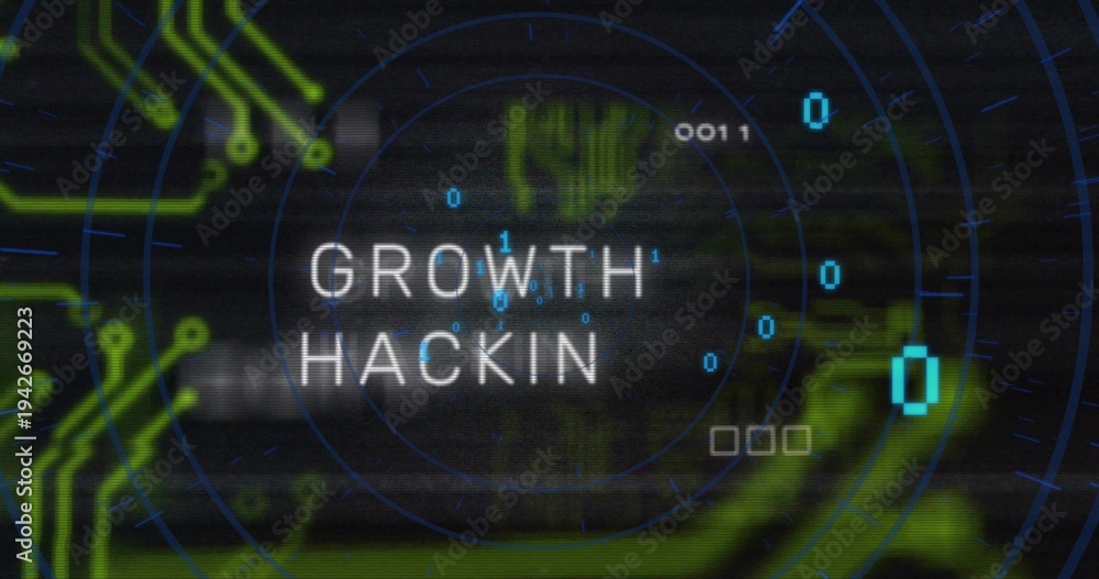 Naklejka premium Displaying central text GROWTH HACKIN glowing on dark backdrop, with radar rings and circuits