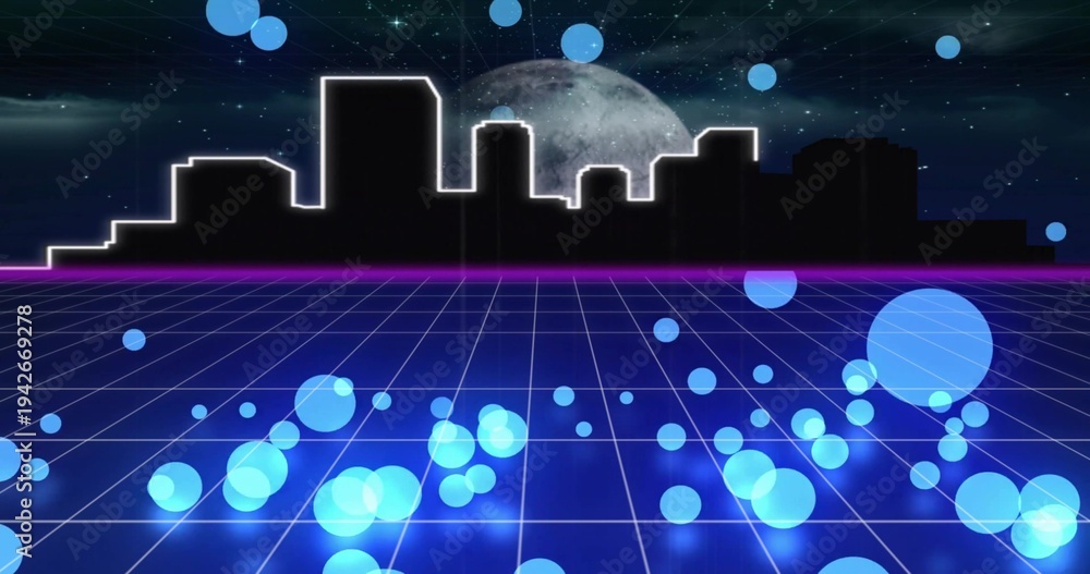 Obraz premium Framing black skyline white neon outlined at magenta horizon, with grid, floating blue orbs, moon