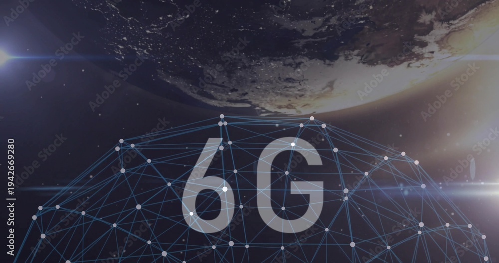 Fototapeta premium Displaying wireframe geodesic dome with white node points and 6G label over planet limb