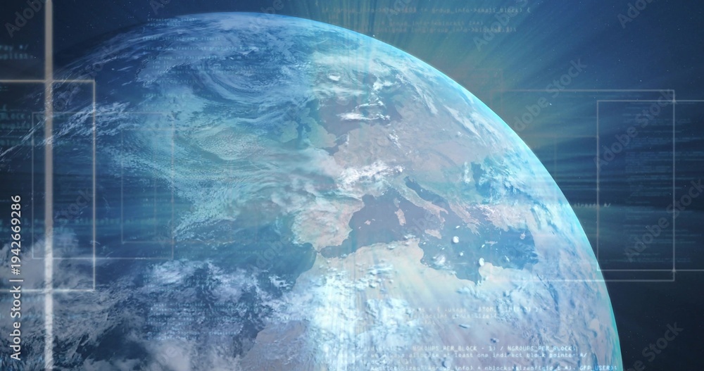 Obraz premium Showing Planet Earth partial disc rotating in low orbit, with HUD overlays and sunlit limb