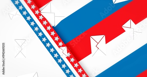 Displaying diagonal patriotic ribbons crossing studio backdrop, with star band, envelope outlines