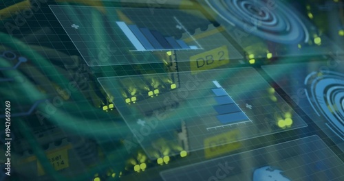 Displaying PCB with ports, green cables, yellow LEDs and DB2 label in chassis, holo overlays