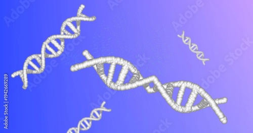 Tableau sur toile Floating large white DNA double-helix drifting in blue-purple gradient backdrop,