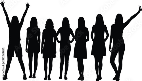 Silhouette illustration of seven diverse women in expressive poses and clothing styles, symbolizing individuality, fashion, unity, diversity, and modern design concepts