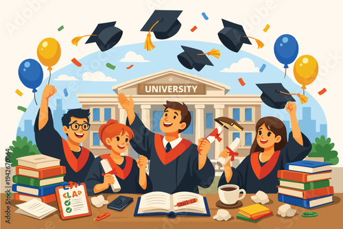 University graduation celebration students throwing caps modern flat vector 
