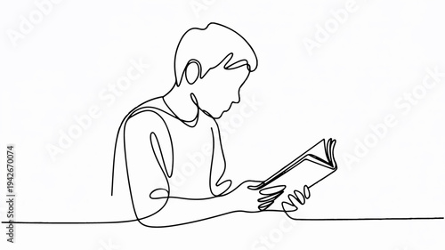 Man reading book sitting at table simple line drawing minimalistic style one line art profile view focused on reading casual clothing indoor setting calm atmosphere reading