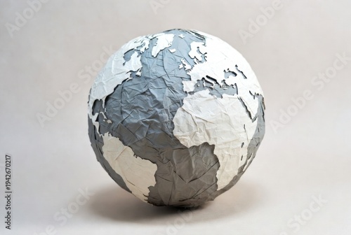 Paper mache globe with grey and white tones on table, hand-crafted Earth model on light background.