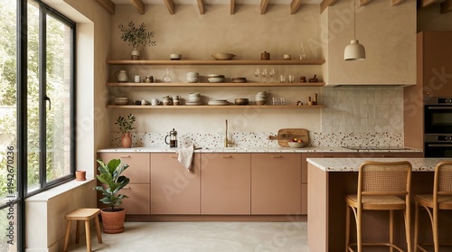 Contemporary kitchen interior showcasing matte clay cabinetry, open shelving, and a large window, creating a warm, minimalist, and naturally lit domestic space