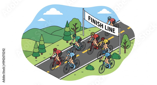 Cyclists Racing Towards Finish Line.