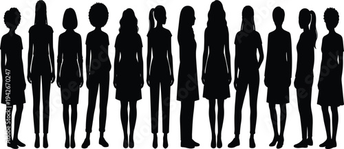 Silhouette illustration of twelve diverse people standing side by side, representing diversity, unity, fashion, community, and modern design concepts for creative projects