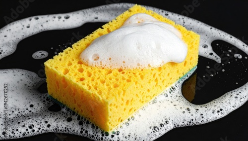 Yellow kitchen sponge with foam on dark background, ready for use