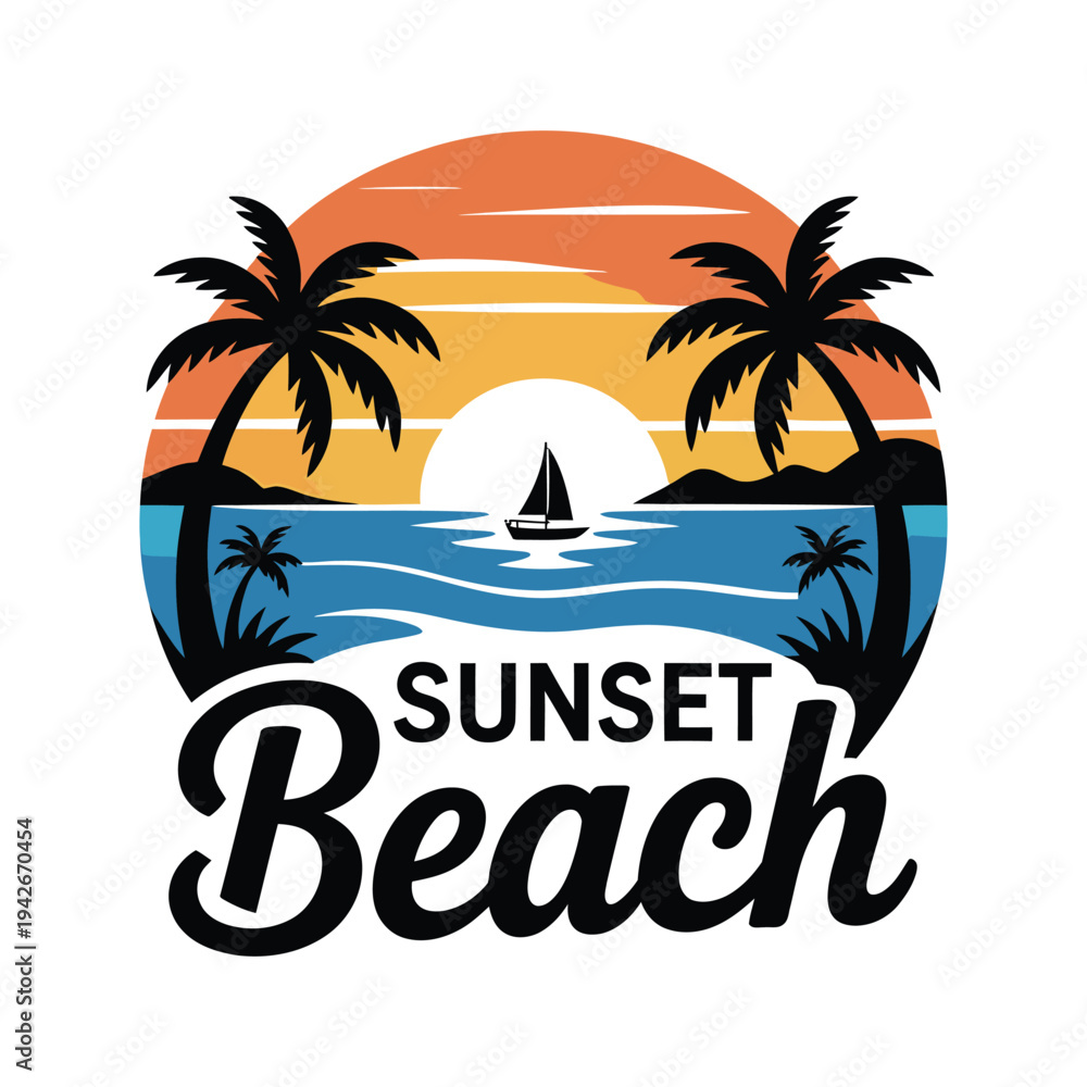 Obraz premium Vibrant sunset scene at a tropical beach with sailboat and palm trees