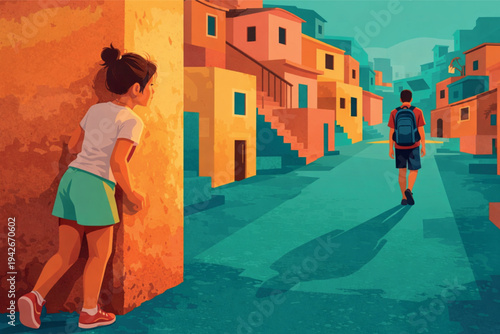 A beautiful fashion model in a summer dress walks past old stone architecture and historic buildings on a sunlit urban street in Venice, Italy