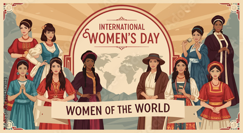 Diverse women celebrating International Women's Day in cultural attire isolated on transparent background
