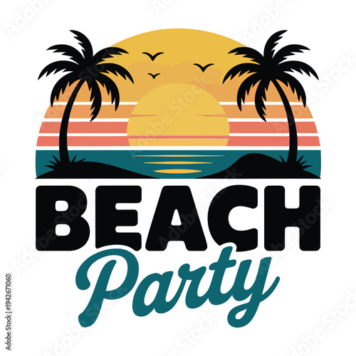 Vibrant illustration of a beach party with a sunset backdrop