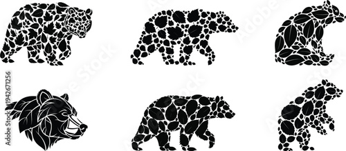 Bear silhouettes made of leaves and nature elements, creative wildlife vector set
