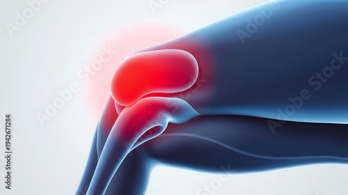 Medical illustration of a knee joint depicting inflammation or pain with a highlighted red area on a light background.