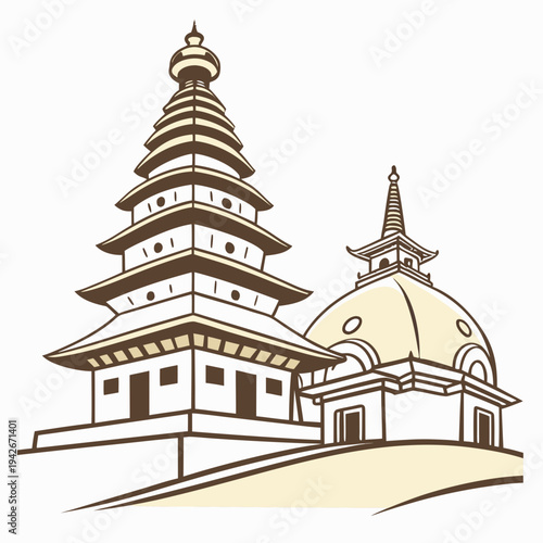 Two iconic Asian architectural styles: a tiered pagoda with layered roofs on the left, and a domed stupa topped with a spire on the right. The simple brown-and-beige illustration highlights.