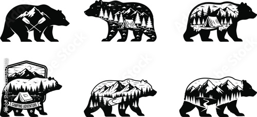 bear, camping, adventure, silhouette, wilderness, forest, mountain, nature, outdoor, wildlife, landscape, hiking, travel, exploration, survival, camping, illustration, vector, scenic, wild