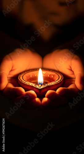 Hands Holding Decorative Oil Lamp with Flame Against Dark Background