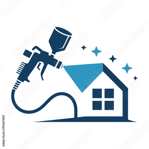 Spray painting a stylized house with a spray gun in a creative design.