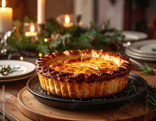 Golden baked pie on a festive table with candles and greenery