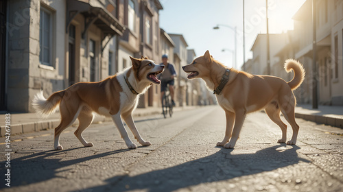 Two dogs barking at each other across a narrow street, but neither showing signs of aggression, a cyclist passing in the distance, bright midday sun illuminating the scene, tension without danger,