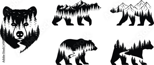bear, silhouette, forest, mountain, wilderness, landscape, wildlife, nature, animal, adventure, outdoor, travel, hiking, river, scenic, illustration, vector, wild, exploration, graphic
