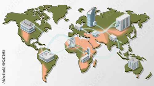 Global business and technology map with buildings and connections across continents on a white background