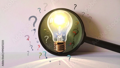 A glowing light bulb filled with a question mark shines amid confetti and magnified symbols, symbolizing curiosity, exploration, and the playful search for ideas.