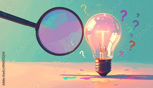 A glowing light bulb filled with a question mark shines amid confetti and magnified symbols, symbolizing curiosity, exploration, and the playful search for ideas.